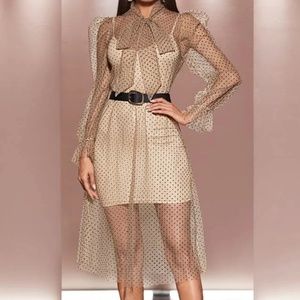 Tie Neck Polka Dot Mesh Overlay 2 in 1 dress (NO BELT!)